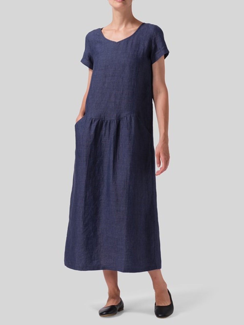 Vivid Linen Navy Blouse Midi Dress